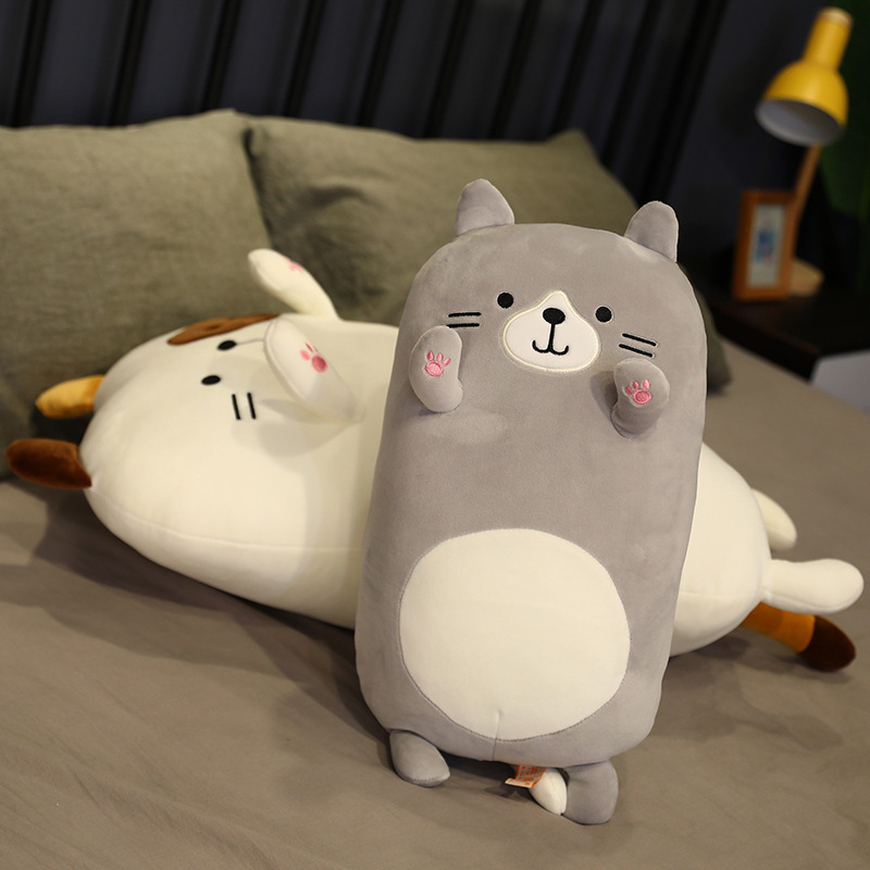 Gray Cat Plush Pillow standing upright with soft plush fabric and embroidered paw details