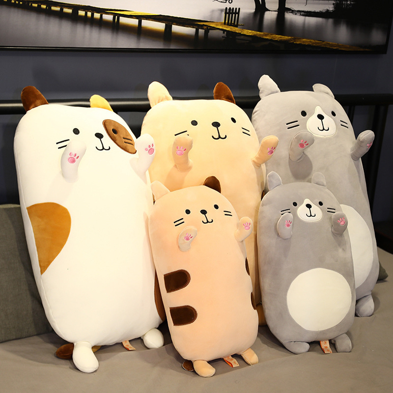 Cat Plush Pillow available in Brown Cat, Calico Cat, and Gray Cat styles, showcasing different sizes for cuddling, decorating, and everyday comfort