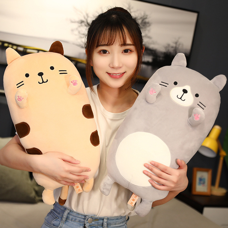 Brown Cat and Gray Cat Plush Pillows featuring embroidered whiskers, paw details, and fluffy PP cotton filling