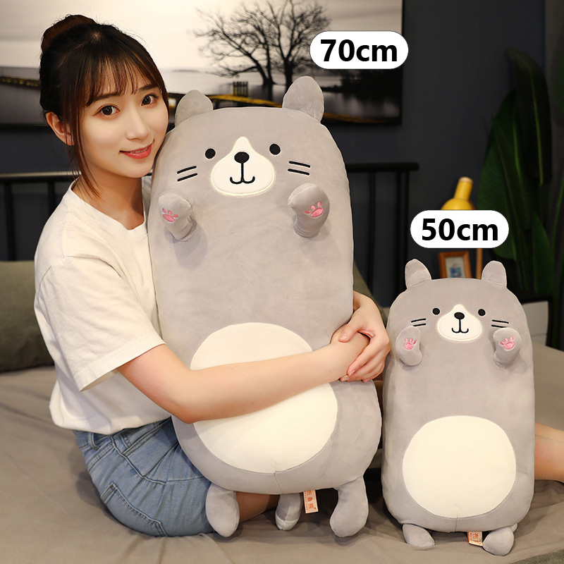 Gray Cat Plush Pillow shown in 50 cm and 70 cm sizes for size comparison