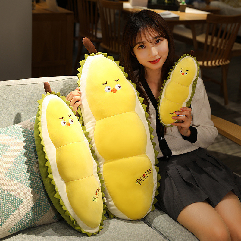 Durian Chick Plush Pillows in 30 cm, 50 cm, and 70 cm sizes, showcasing size options, soft plush texture, and playful fruit-inspired character details