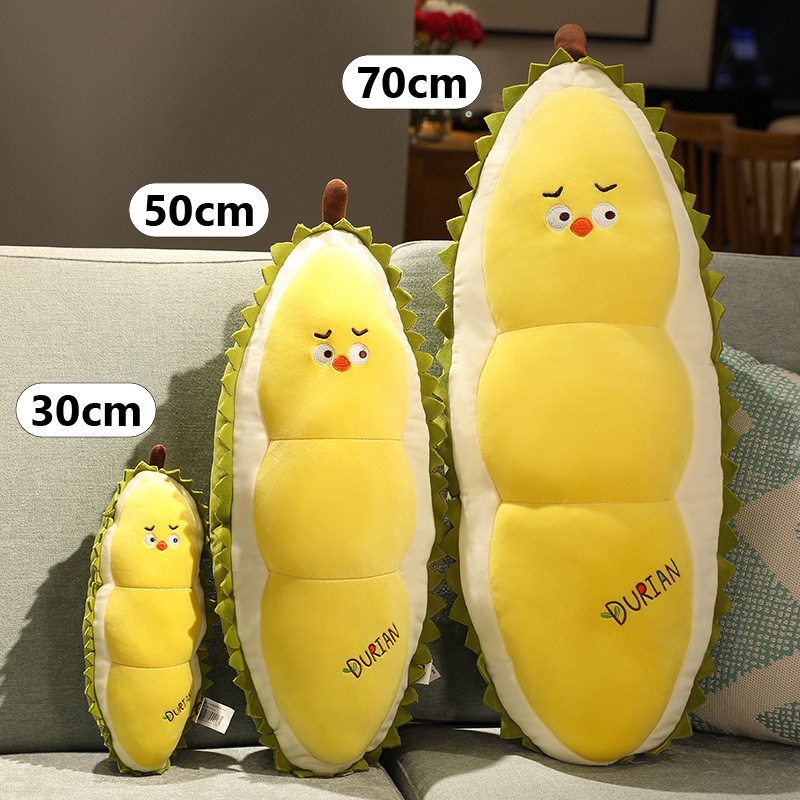 Durian Chick Plush Pillow available in 30 cm, 50 cm, and 70 cm sizes, featuring a soft plush exterior, PP cotton filling, and durian-inspired design
