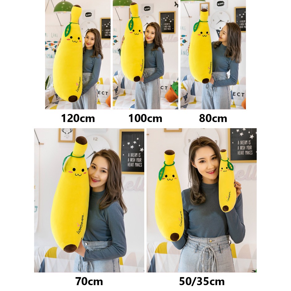 Banana Plush Pillow size comparison showing 35 cm, 50 cm, 70 cm, 80 cm, 100 cm, and 120 cm options