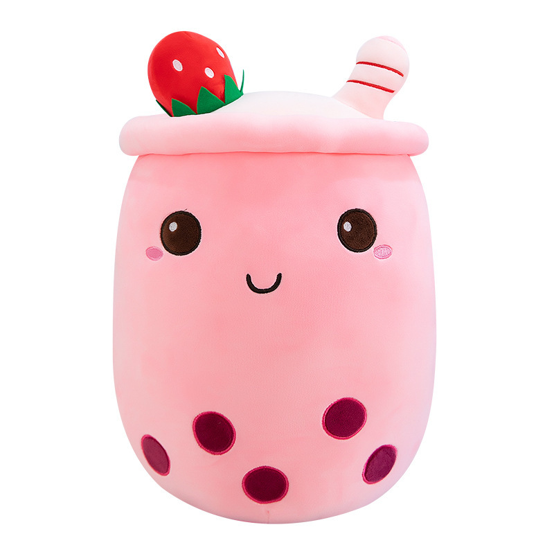 Pink ice cream bubble tea plush pillow with strawberry-inspired accents, embroidered boba pearls, and a cheerful kawaii design