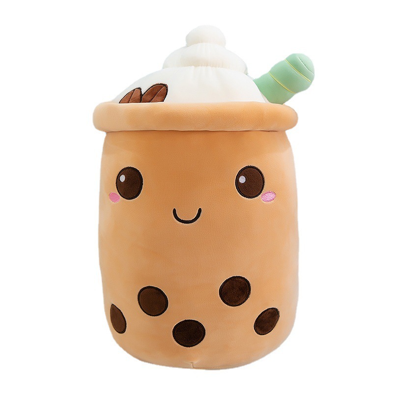 Brown ice cream bubble tea plush pillow featuring embroidered boba pearls, whipped cream topping, and a soft rounded shape