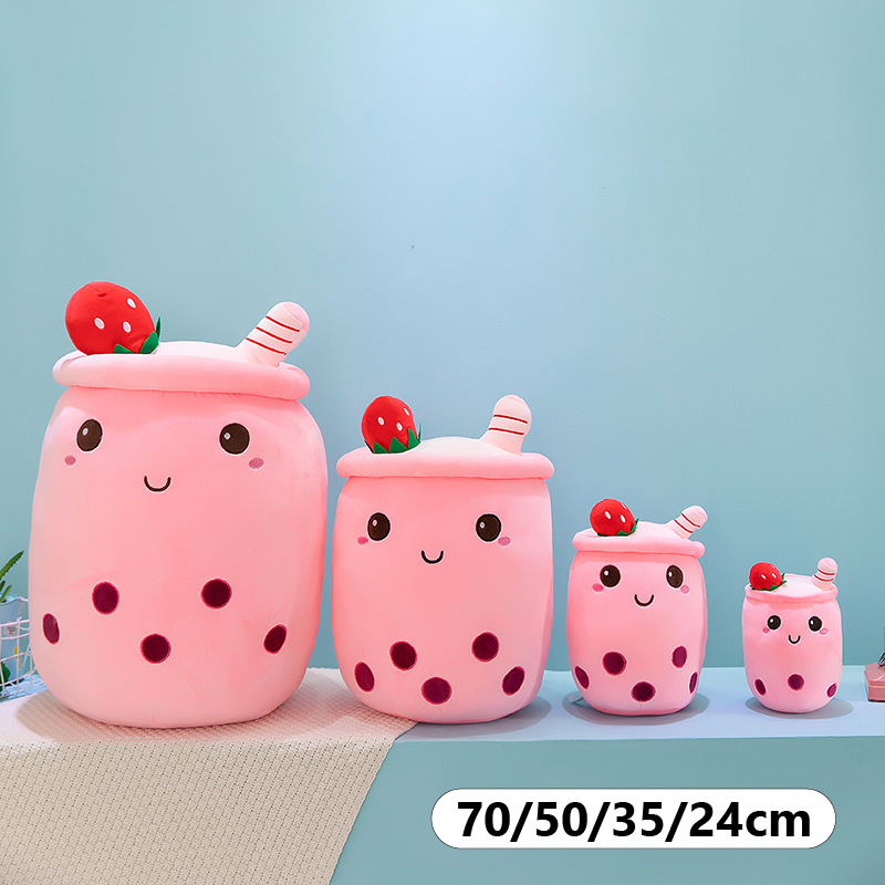 Pink ice cream bubble tea plush pillow available in 24 cm, 35 cm, 50 cm, and 70 cm sizes for hugging, decorating, and everyday comfort