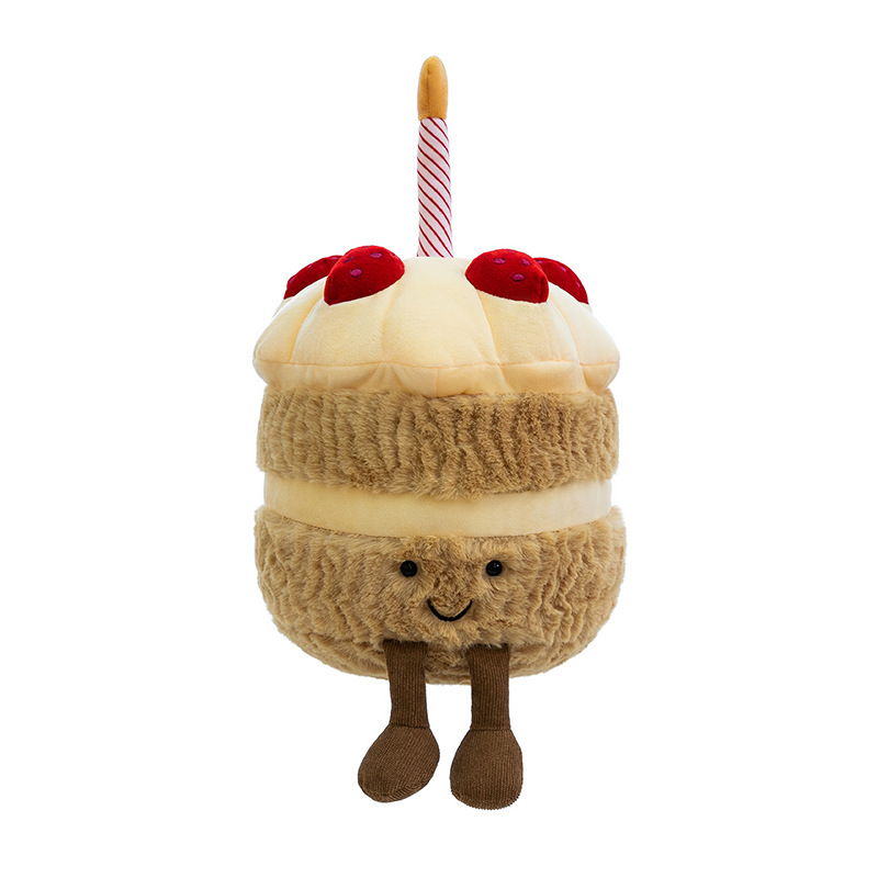 Birthday Cake Plush Toy with a smiling face, fluffy layered cake design, striped candle detail, soft plush fabric, and adorable dangling legs