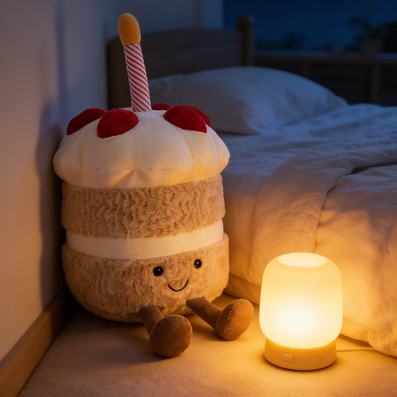 Birthday Cake Plush Toy beside a bedside lamp, creating a warm and cozy bedroom atmosphere with its soft plush texture and charming cake design
