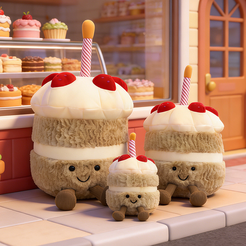 Birthday Cake Plush Toy family in assorted sizes displayed in a cozy bakery-inspired setting, featuring smiling faces, soft plush textures, layered cake details, and dangling legs