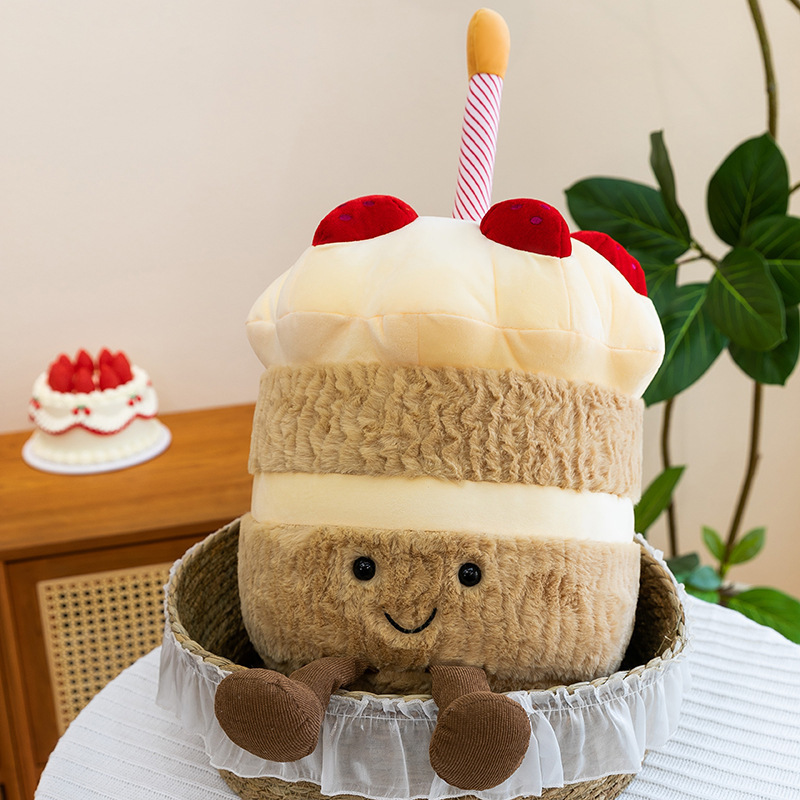 Birthday Cake Plush Toy displayed in a woven basket, showcasing fluffy cake-inspired layers, embroidered facial details, and soft cuddly texture