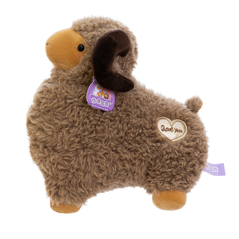 Brown Bighorn Sheep Plush Toy featuring fluffy plush fabric, curved horns, and embroidered heart detail
