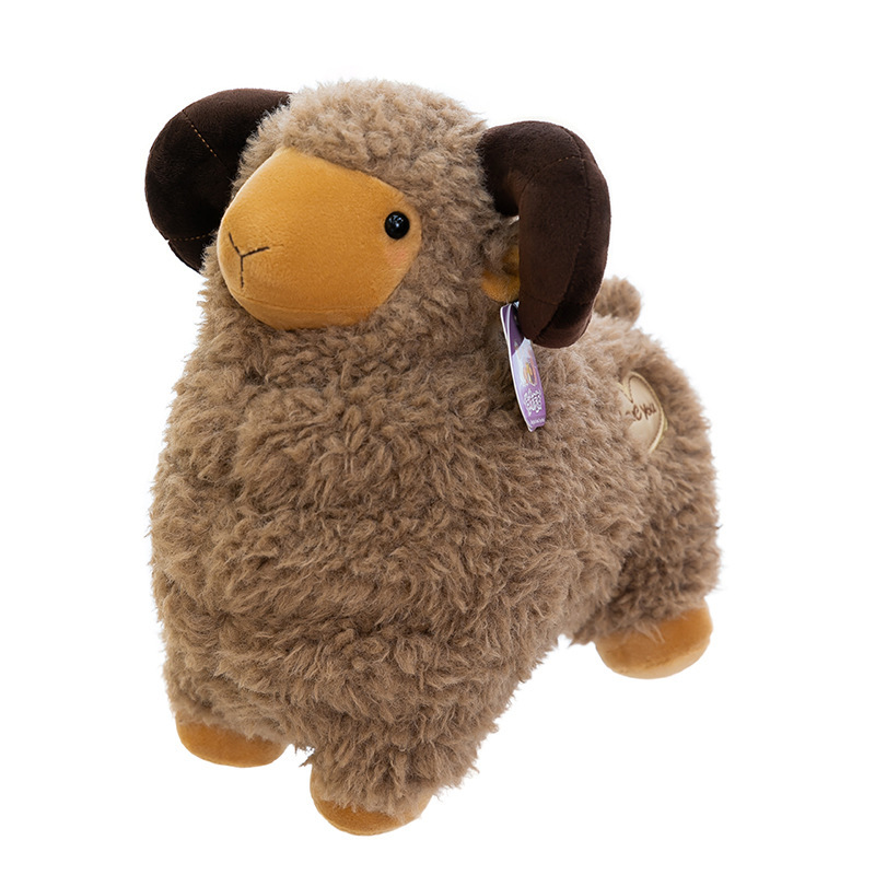 Brown Bighorn Sheep Plush Toy with soft wool-like texture, rounded body, and distinctive curved horns