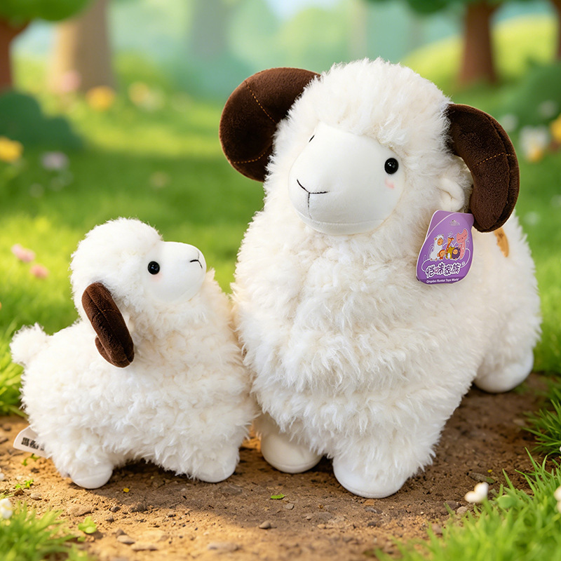 White Bighorn Sheep Plush Toys with soft wool-like texture and curved horns in a peaceful outdoor setting