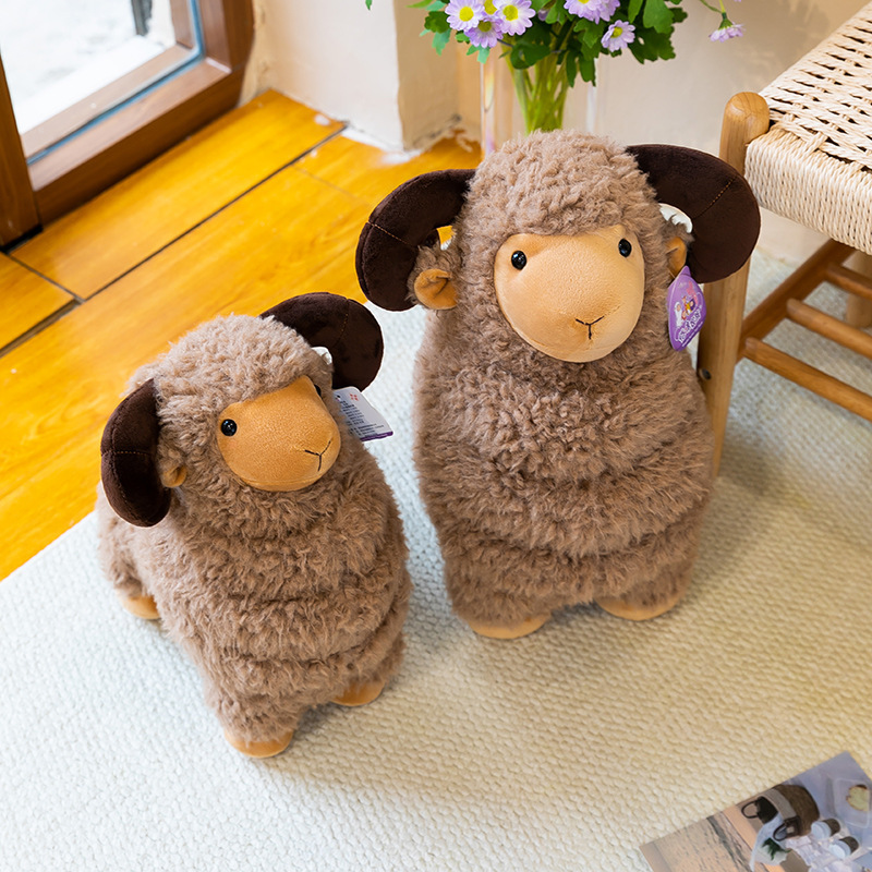 Brown Bighorn Sheep Plush Toys in two sizes featuring fluffy wool-like texture and curved horns