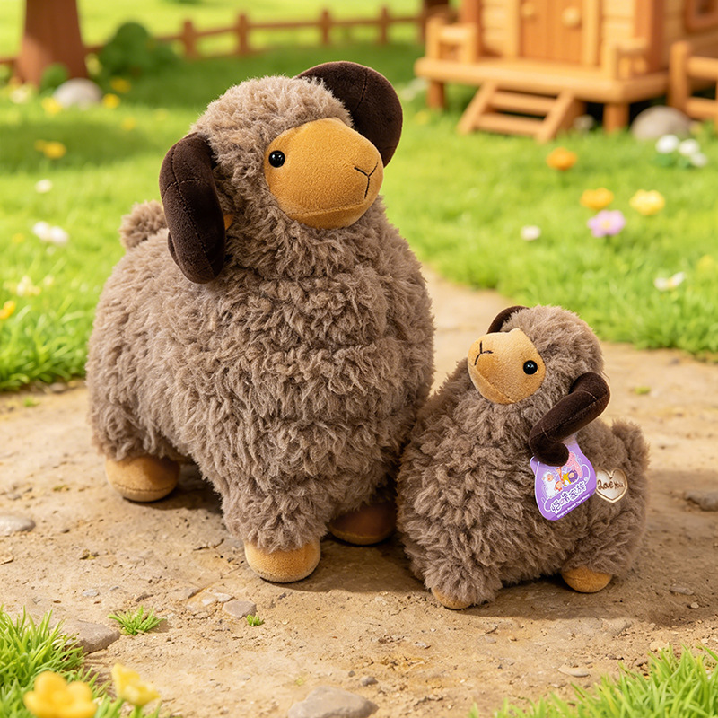 Brown Bighorn Sheep Plush Toys in two sizes featuring fluffy plush fabric and distinctive curved horns