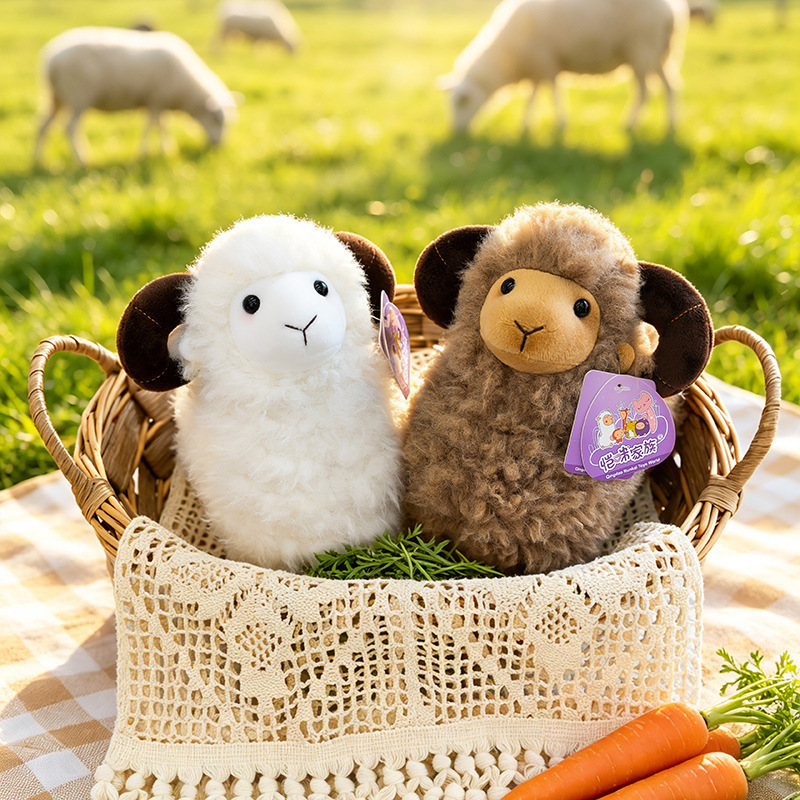 Bighorn Sheep Plush Toys resting in a woven basket, creating a cozy countryside and farm-inspired atmosphere