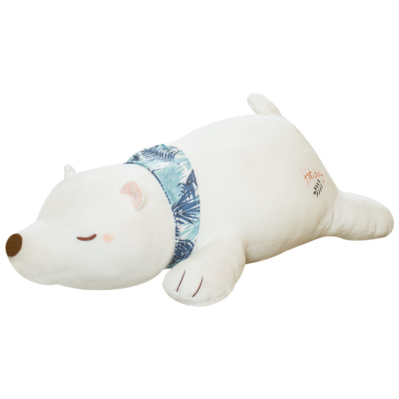 Polar Bear Plush Pillow with sleeping bear design, soft white plush fabric, and tropical-pattern scarf, ideal for hugging, lounging, and bedroom decor