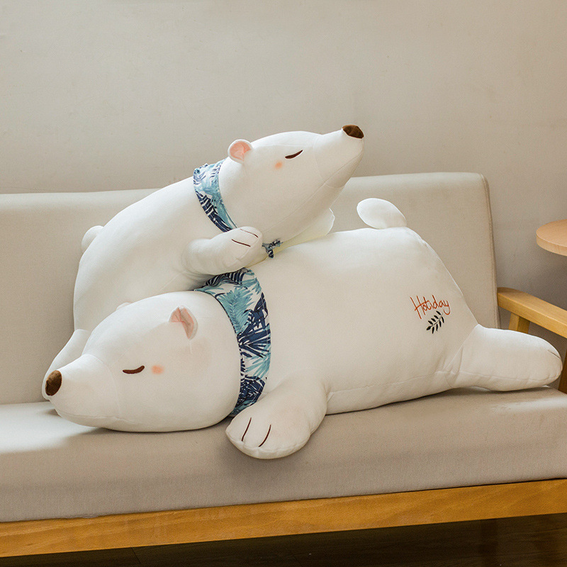Polar Bear Plush Pillows stacked on a sofa, highlighting the sleeping bear shape and soft cushion-like design