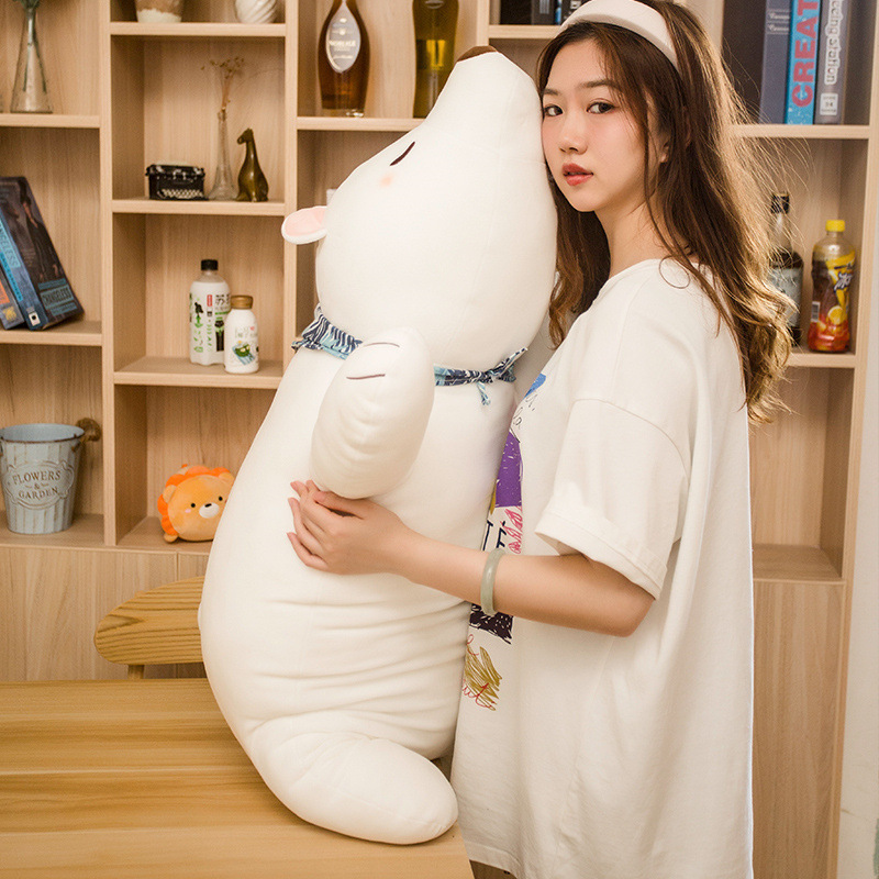 Polar Bear Plush Pillow held upright, showcasing its long body design, soft plush construction, and cuddly comfort