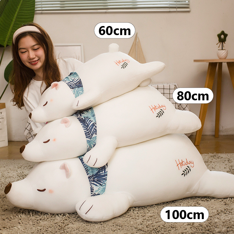 Polar Bear Plush Pillow available in 60 cm, 80 cm, and 100 cm sizes, perfect for hugging, sleeping, relaxing, and home decoration