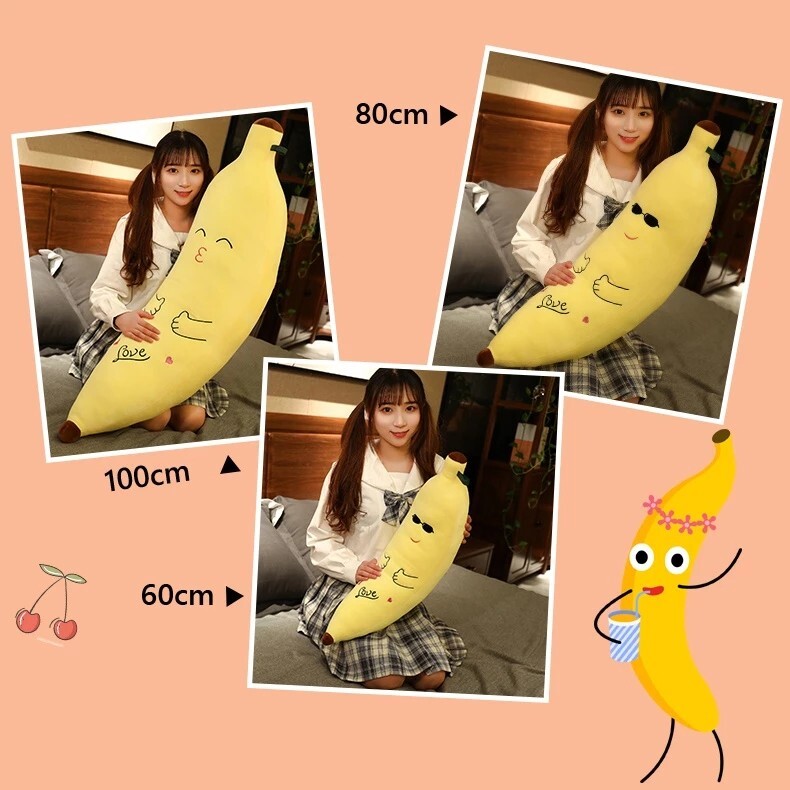 Cute Banana Plush Pillow size comparison featuring 60 cm, 80 cm, and 100 cm options, available in playful character styles for hugging and home decor