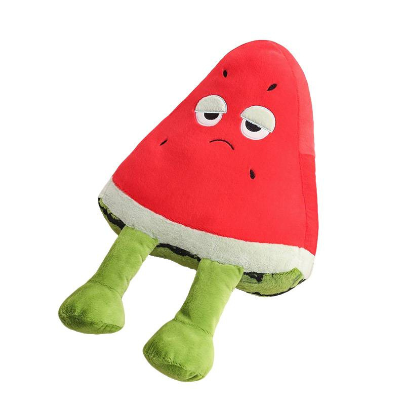 Funny Watermelon Plush Pillow with dangling legs, showcasing a quirky sleepy-eyed watermelon slice design, soft plush fabric, and fluffy PP cotton filling