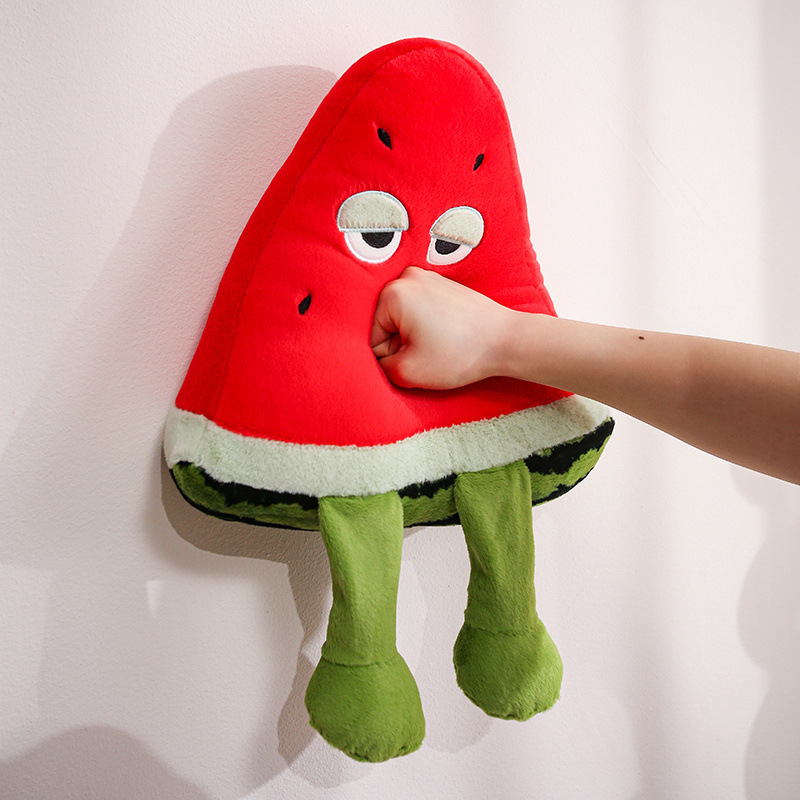 Funny Watermelon Plush Pillow with soft plush fabric and fluffy PP cotton filling, showing its squeezable texture and cozy feel for everyday comfort