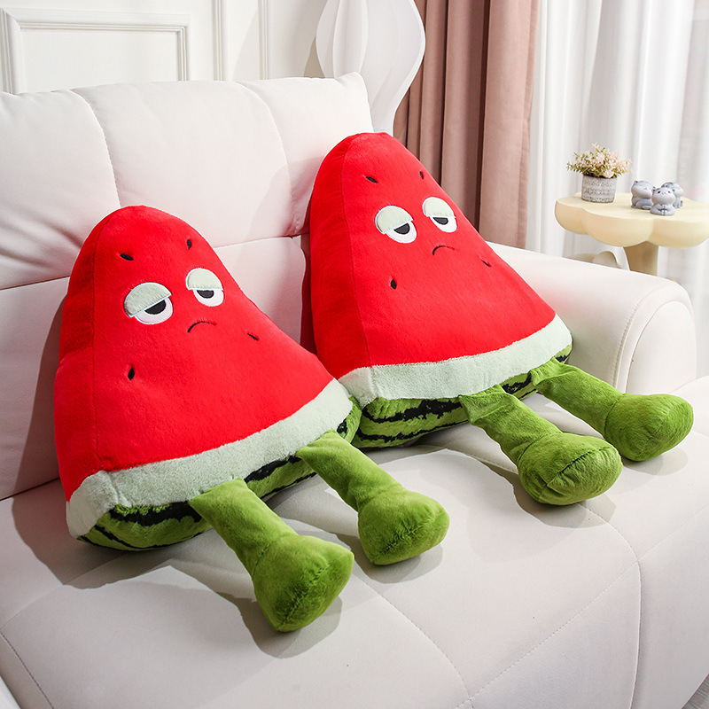 Funny Watermelon Plush Pillows with dangling legs and quirky expressions, adding a fun and cozy touch to sofas, bedrooms, and lounging spaces