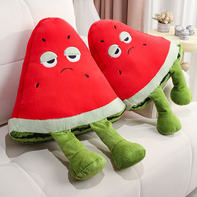 Funny Watermelon Plush Pillows featuring soft plush fabric, embroidered details, and signature dangling legs for playful room decor