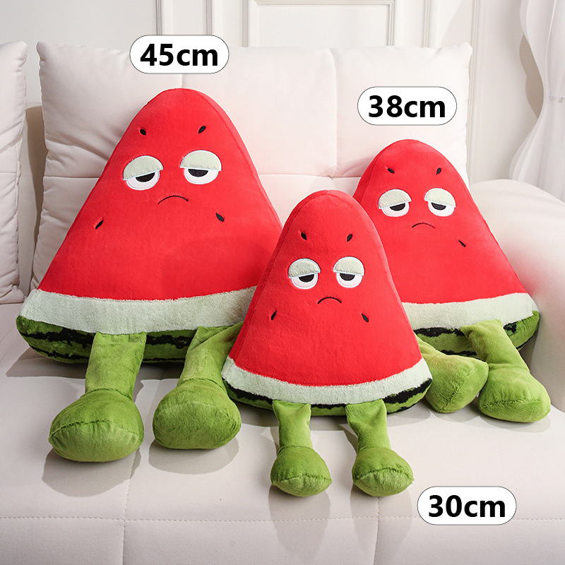 Funny Watermelon Plush Pillow available in 30 cm, 38 cm, and 45 cm sizes, showcasing the playful watermelon slice design and dangling legs