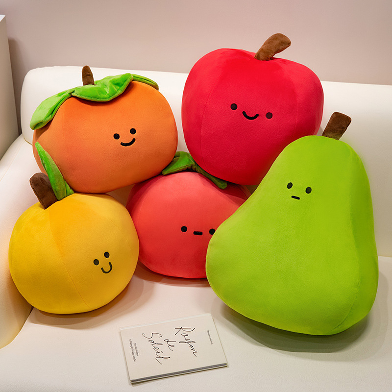 Cute Fruit Plush Toys featuring apple, pear, orange, persimmon, and tomato designs arranged together on a sofa for cheerful home decor
