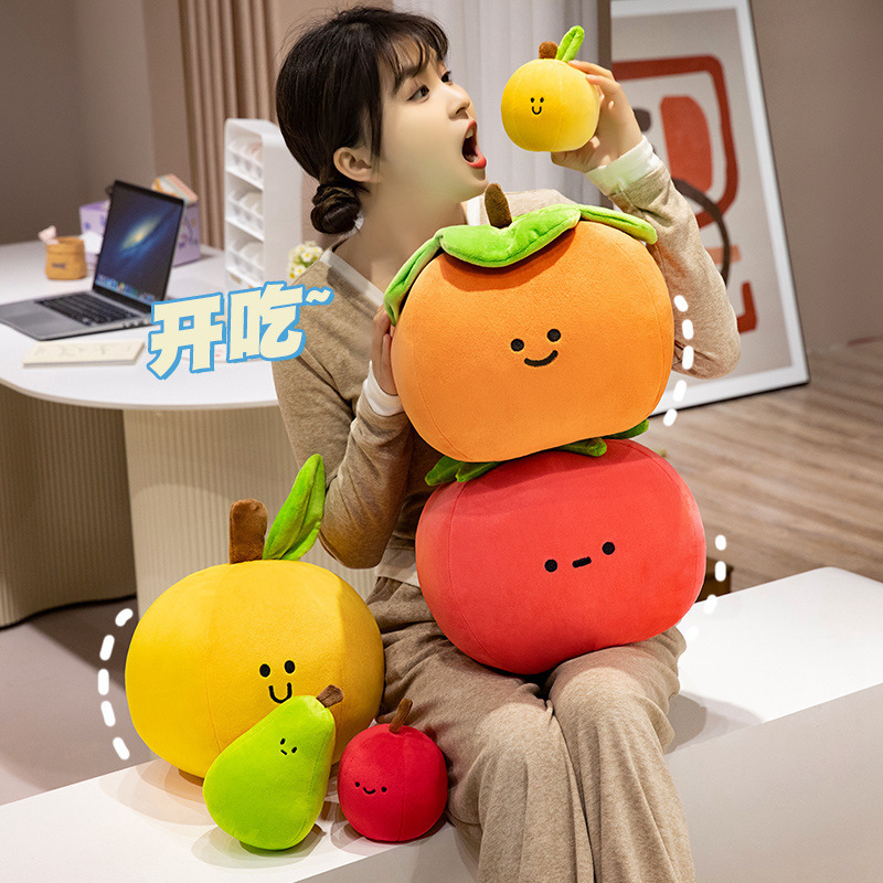 Cute Fruit Plush Toys in apple, tomato, orange, pear, and persimmon designs featuring soft plush fabric and playful embroidered expressions