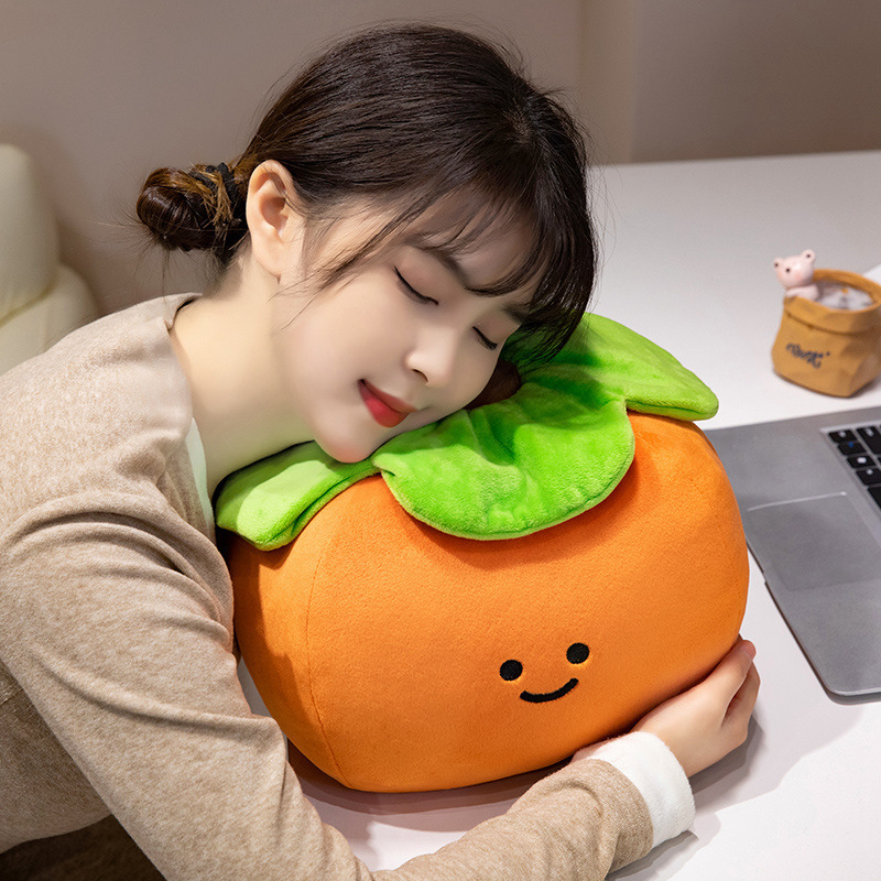 Persimmon Fruit Plush Toy with soft plush fabric and leaf details, ideal for cuddling, relaxing, or decorating a cozy workspace