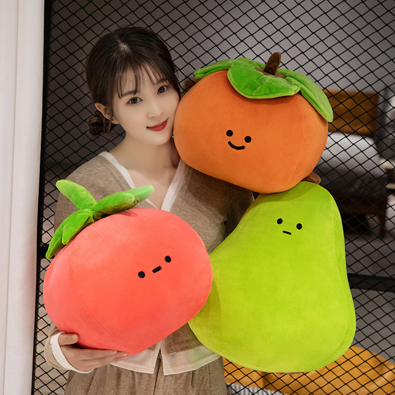 Persimmon, Tomato, and Pear Fruit Plush Toys with soft plush fabric and playful expressions for decorating beds, sofas, or desks