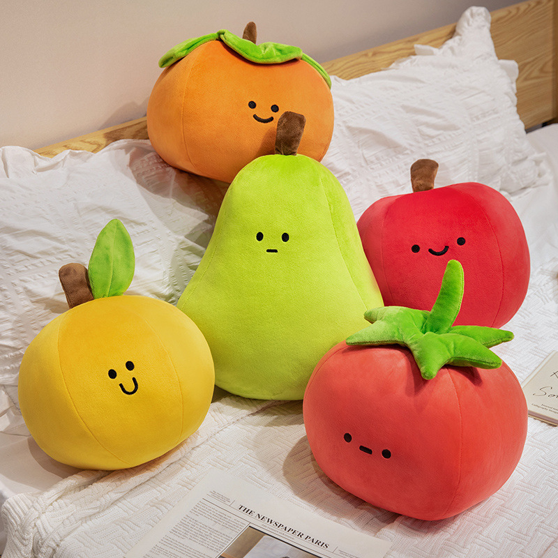 Cute Fruit Plush Toys featuring apple, pear, orange, persimmon, and tomato designs arranged on a bed for cozy room decor