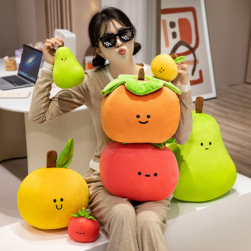 Cute Fruit Plush Toys in assorted fruit designs showcasing small and large sizes with soft plush fabric and cheerful character faces