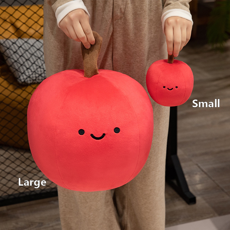Apple Fruit Plush Toy available in small and large sizes, featuring a round shape, embroidered smile, and soft plush texture
