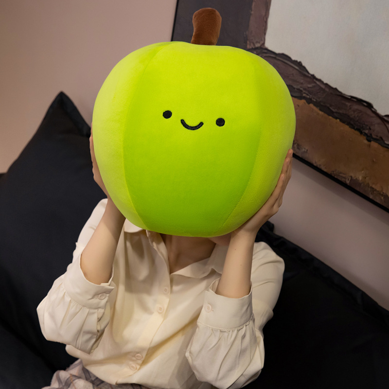 Green Apple Plush Toy featuring a smiling embroidered face, soft plush fabric, and a cheerful fruit-inspired design