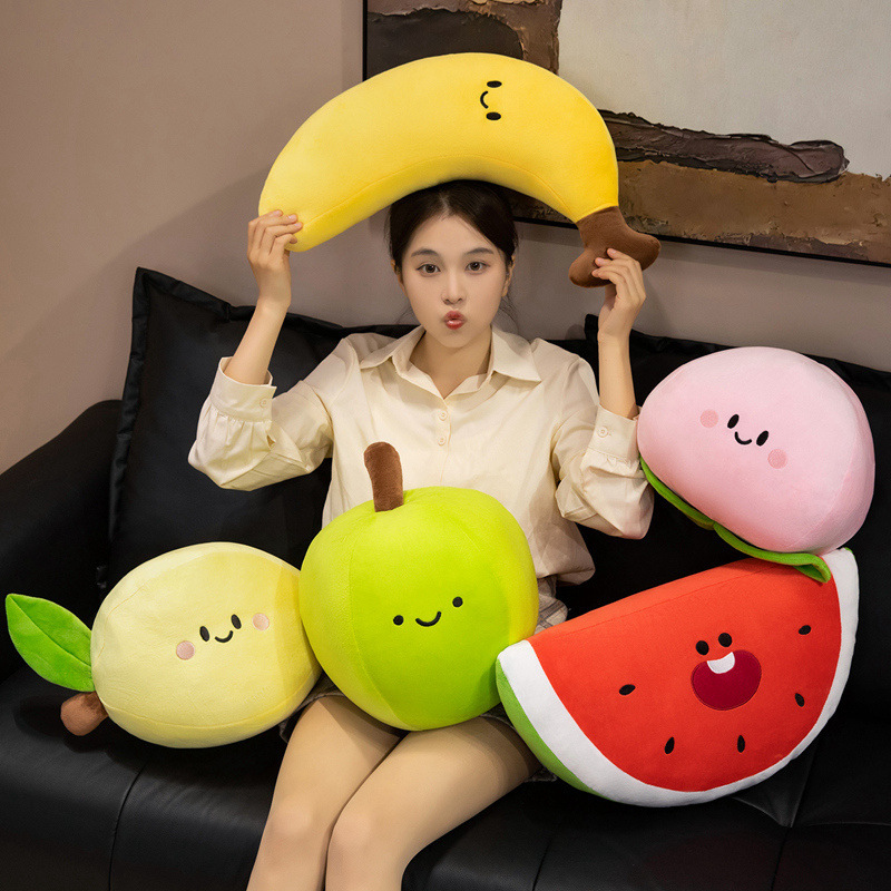 Smiling Fruit Plush Toys featuring Banana, Watermelon, Peach, Lemon, and Green Apple designs displayed together for decoration, gifting, and cozy cuddling