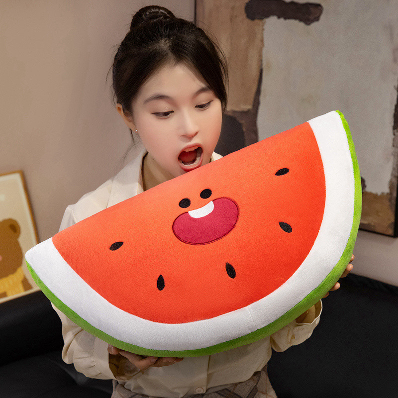Watermelon Plush Toy with a cheerful embroidered face and soft plush fabric, designed for cuddling, relaxing, and playful room decor