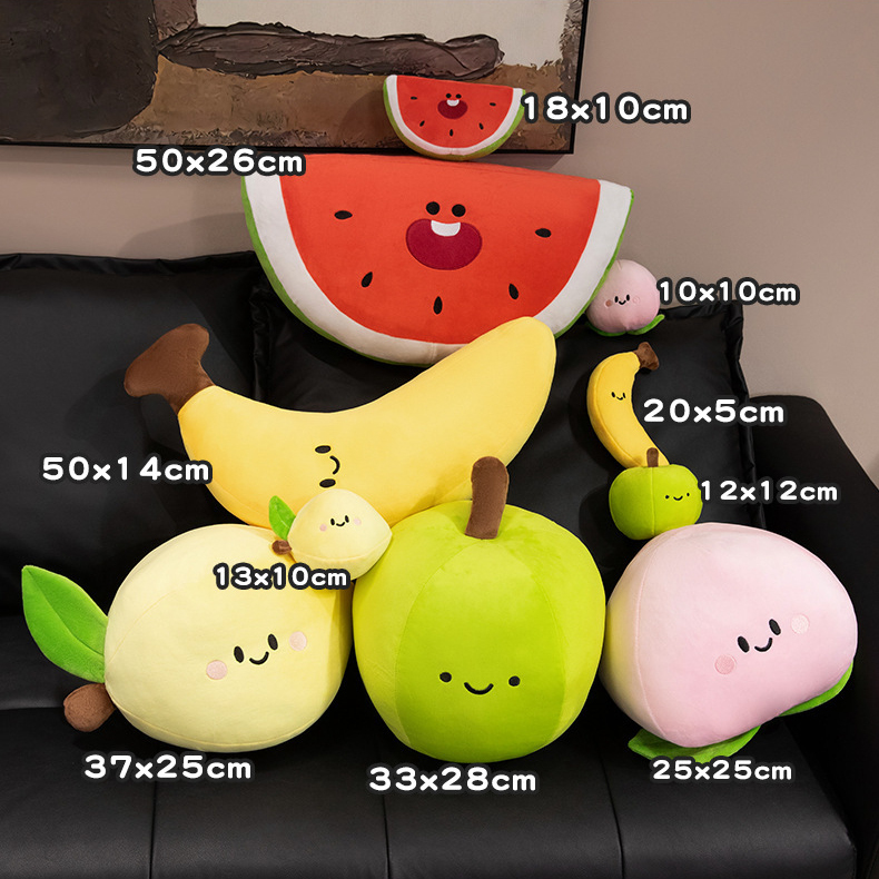 Smiling Fruit Plush Toy size comparison featuring Banana, Watermelon, Peach, Lemon, and Green Apple designs in small and large sizes