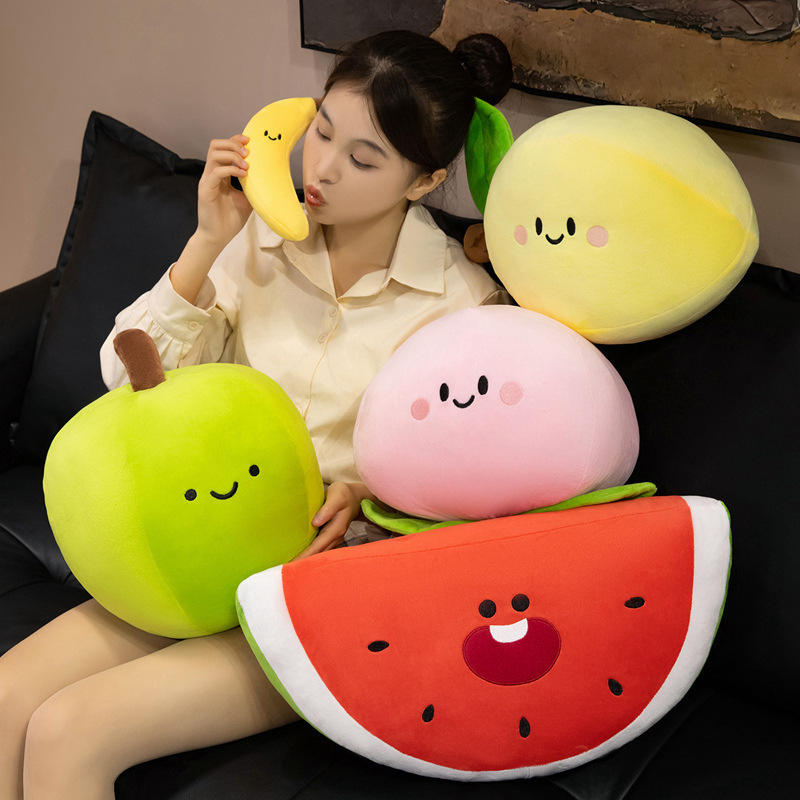 Smiling Fruit Plush Toys showcasing soft plush fabric, embroidered faces, and playful fruit designs for cuddling, decorating, and collecting