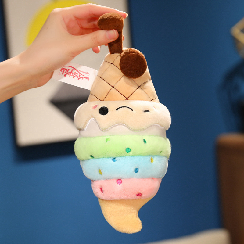 Rainbow Ice Cream Plush Toy showing colorful soft serve layers, embroidered details, and playful dangling legs