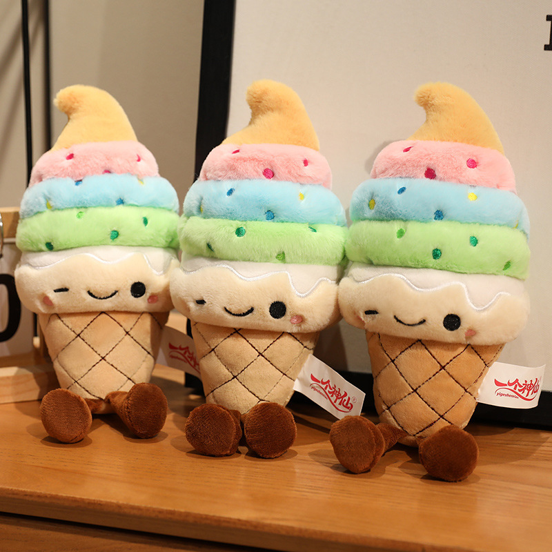 Rainbow Ice Cream Plush Toys with pastel rainbow colors, embroidered sprinkle details, and dangling legs for display or decoration