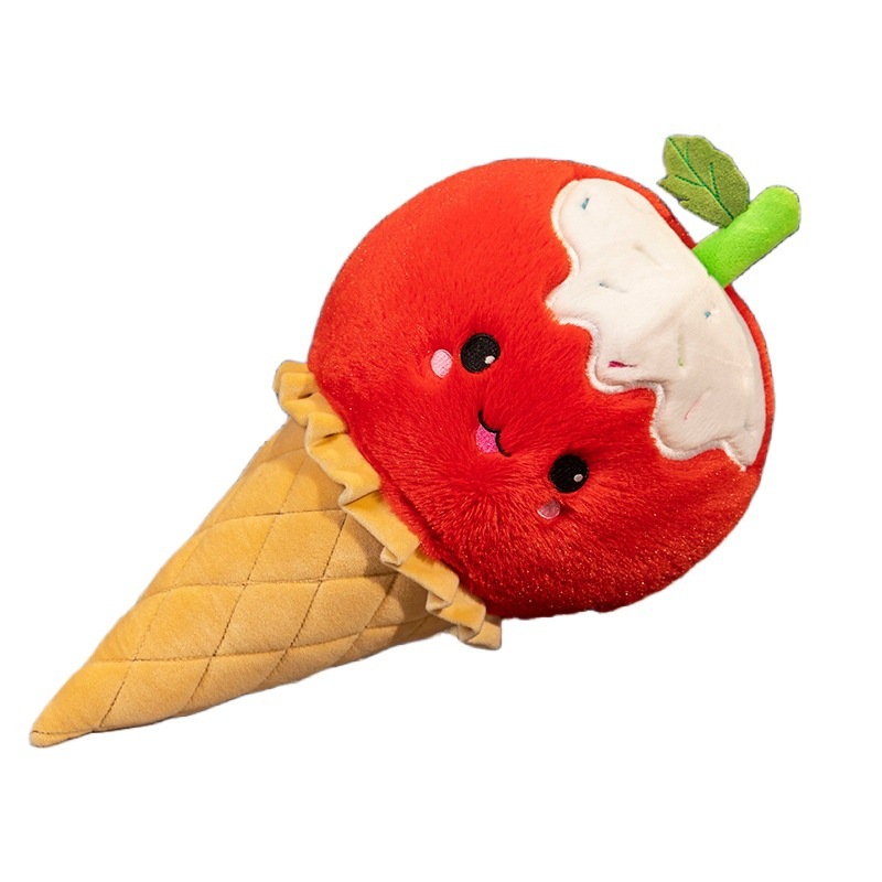 Apple Ice Cream Plush Toy featuring a smiling fruit-inspired design, soft plush fabric, embroidered details, and a waffle cone shape