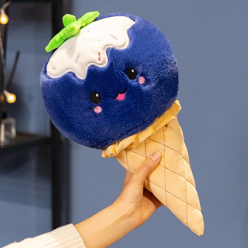 Blueberry Ice Cream Plush Toy featuring a smiling fruit-inspired design, soft plush fabric, embroidered details, and a waffle cone shape
