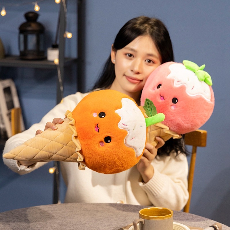 Peach and Orange Fruit Ice Cream Plush Toys with colorful fruit-inspired details, soft cone design, and cozy decorative appeal for beds and sofas