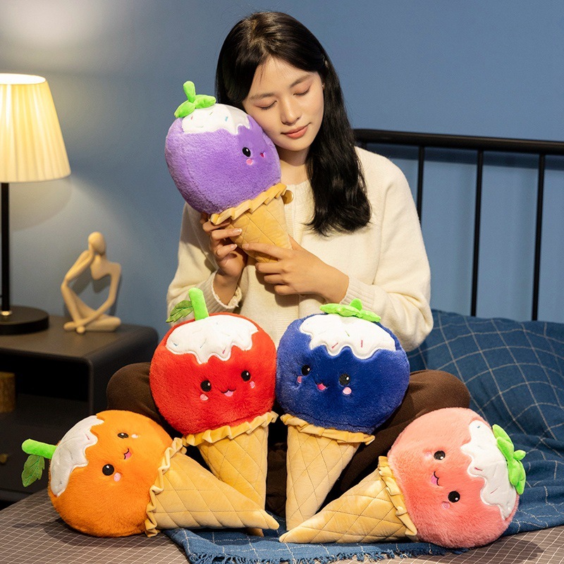 Fruit Ice Cream Plush Toy featuring peach, apple, orange, blueberry, and grape designs with soft plush fabric and cheerful ice cream cone styling
