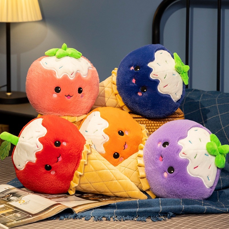 Fruit Ice Cream Plush Toy in five fruit-inspired styles, featuring soft plush fabric and colorful ice cream cone designs