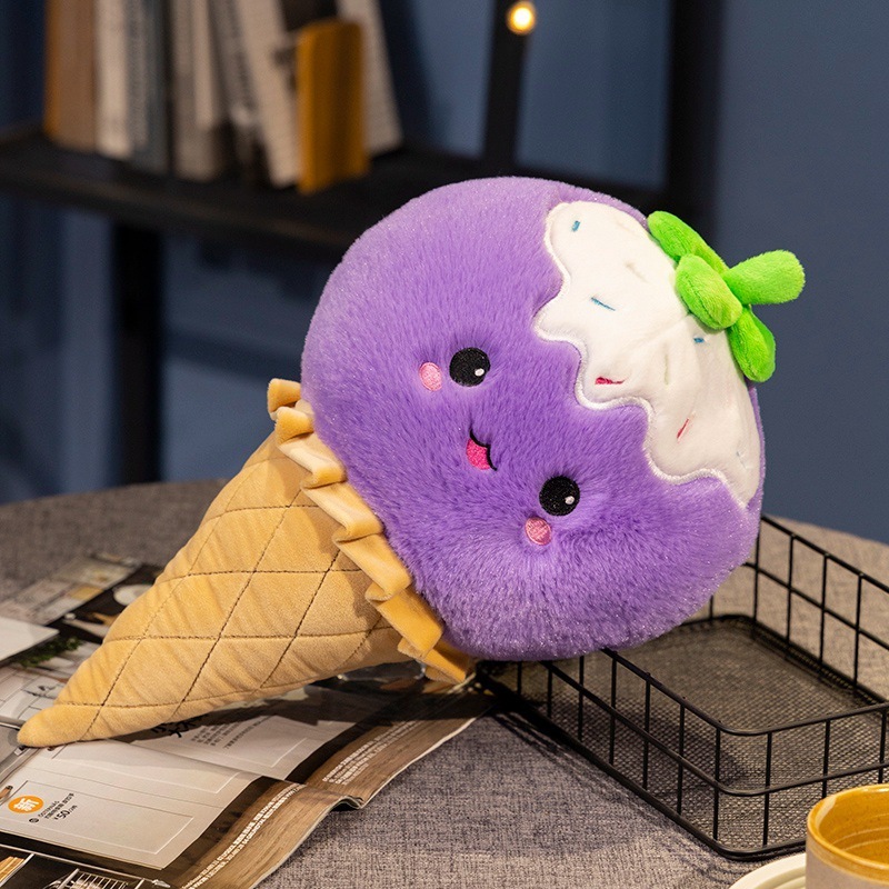 Grape Ice Cream Plush Toy featuring a smiling fruit-inspired design, soft plush fabric, embroidered details, and a waffle cone shape